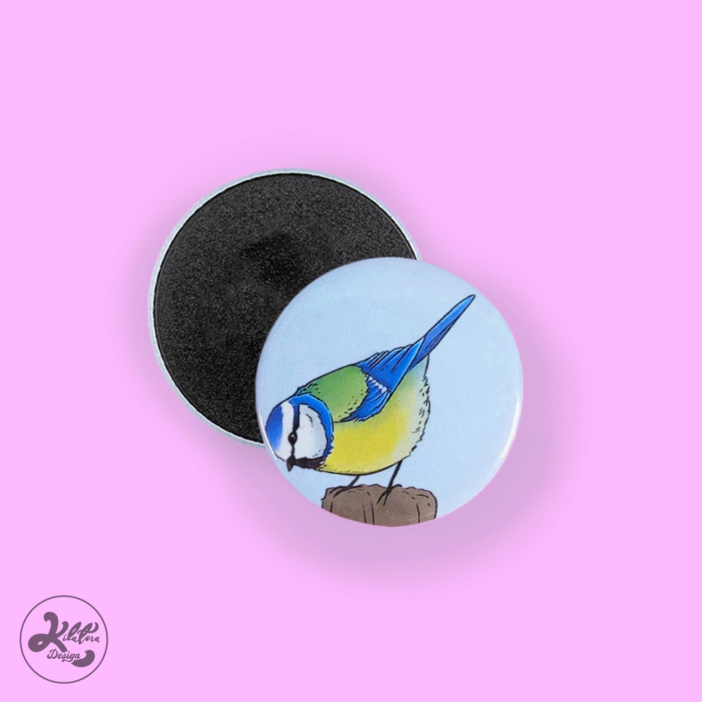 38mm magnet by Kilatora Design. Blue background with blue tit art.