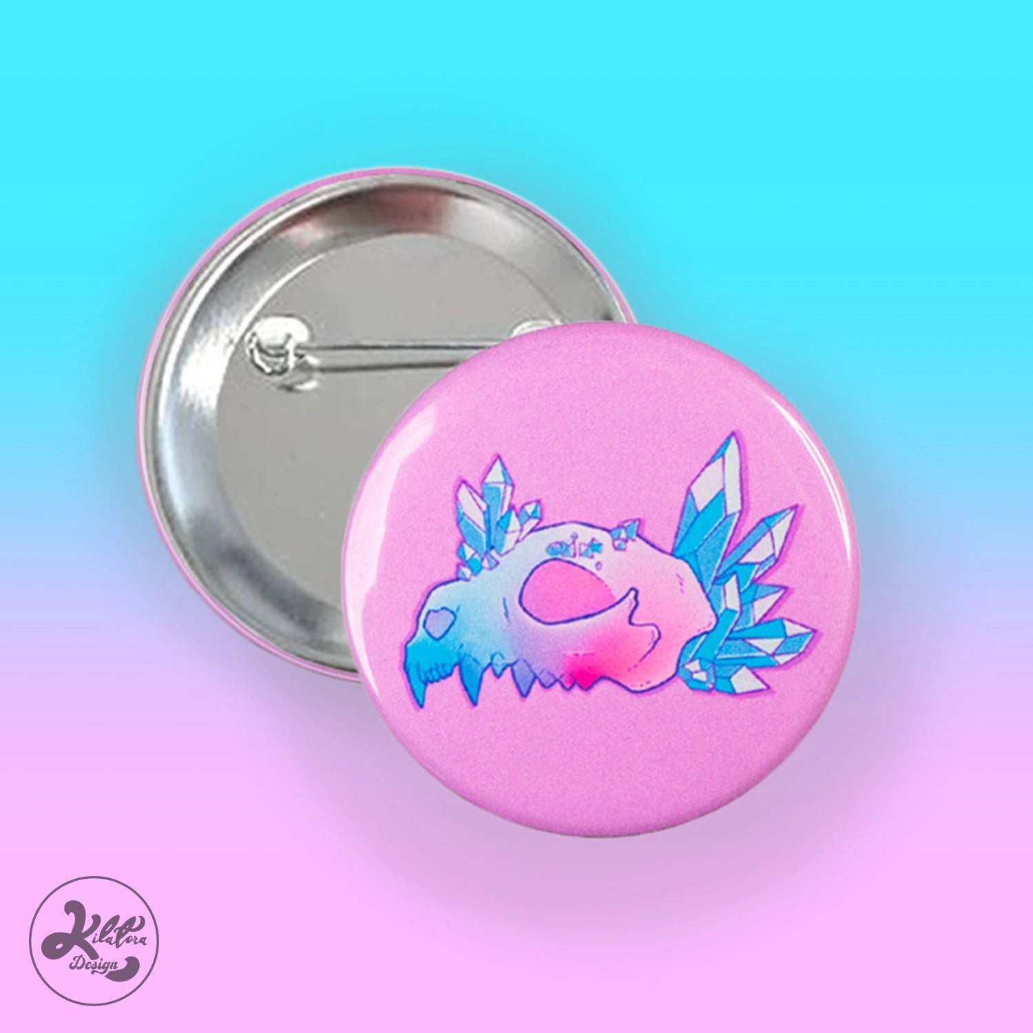 59mm button pin by Kilatora  Design. Pink color and blue crystals next to pink and blue wolf skull.