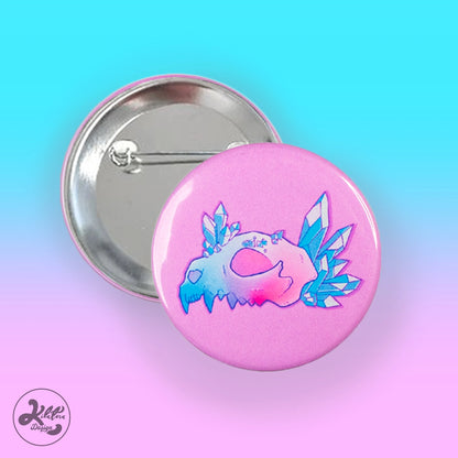 59mm button pin by Kilatora  Design. Pink color and blue crystals next to pink and blue wolf skull.