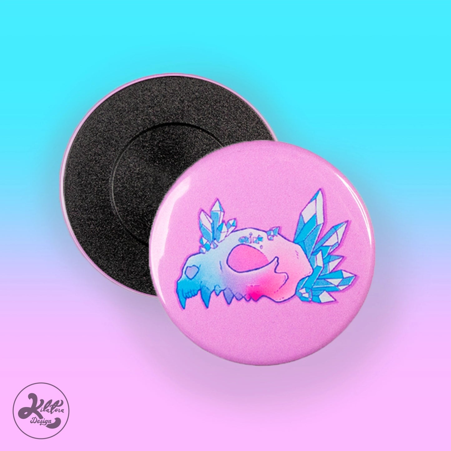 59mm magnet by Kilatora  Design. Pink color and blue crystals next to pink and blue wolf skull.