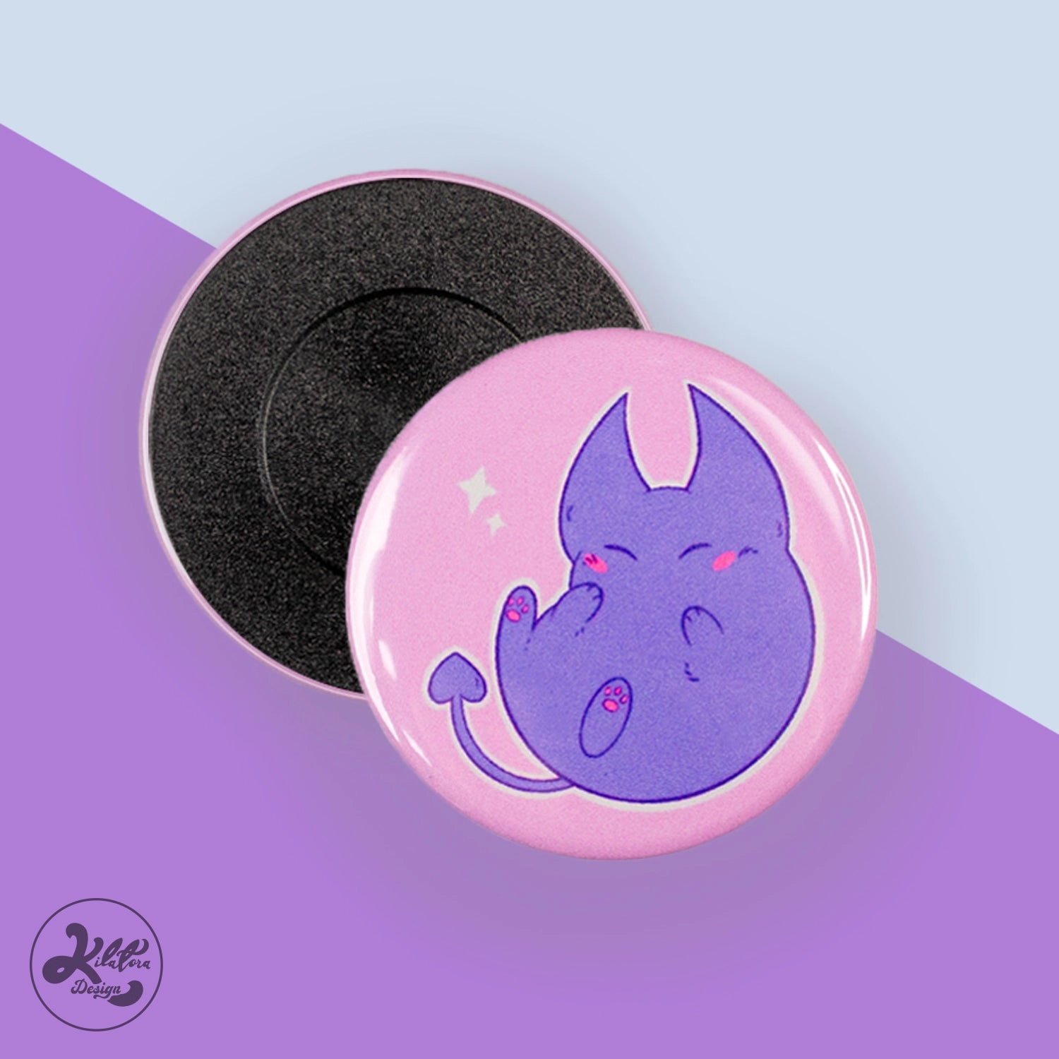 59mm magnet by Kilatora Desing. Pink color with purple Tora devil character.