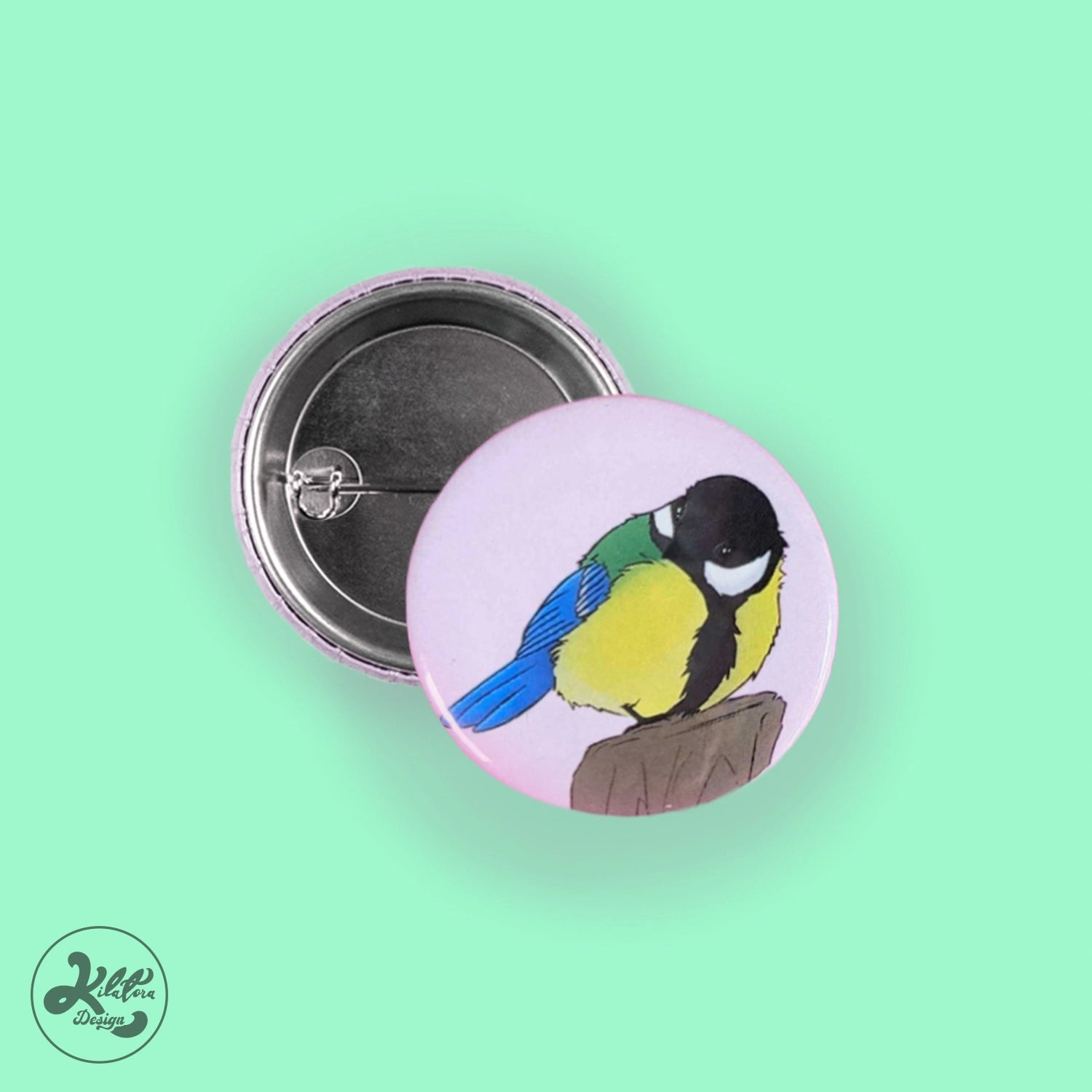 38mm button pin by Kilatora Design. Pink background with great tit art.