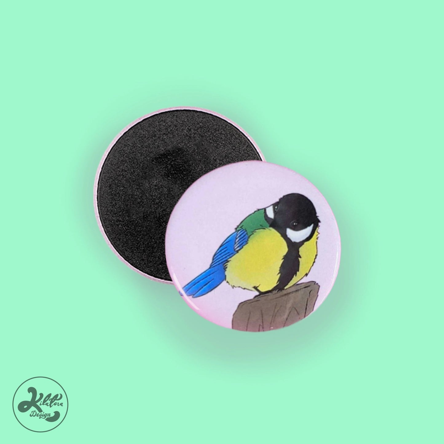 38mm magnet by Kilatora Design. Pink background with great tit art.