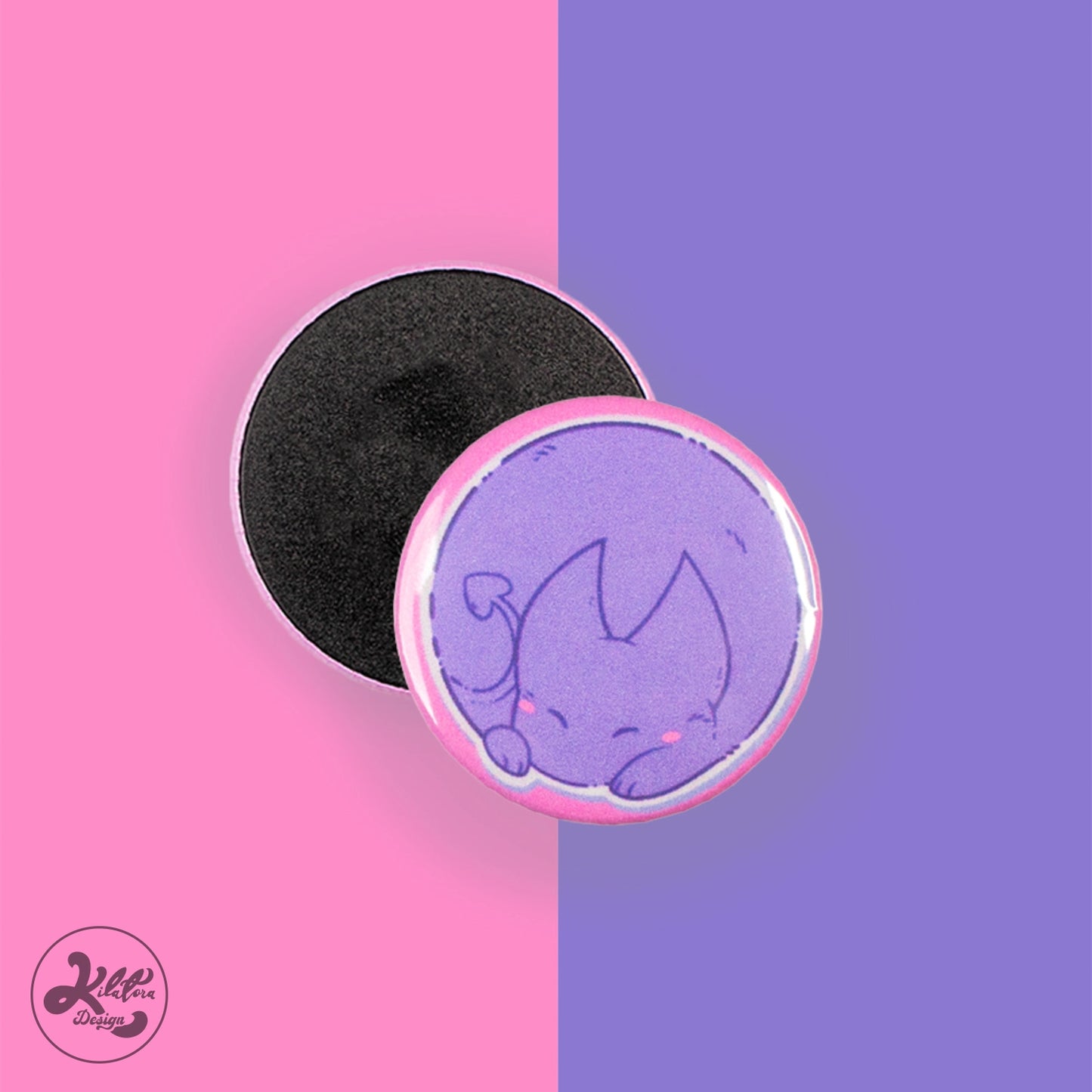 80mm magnet by Kilatora Design. Pink color with purple devil Tora caracter. 