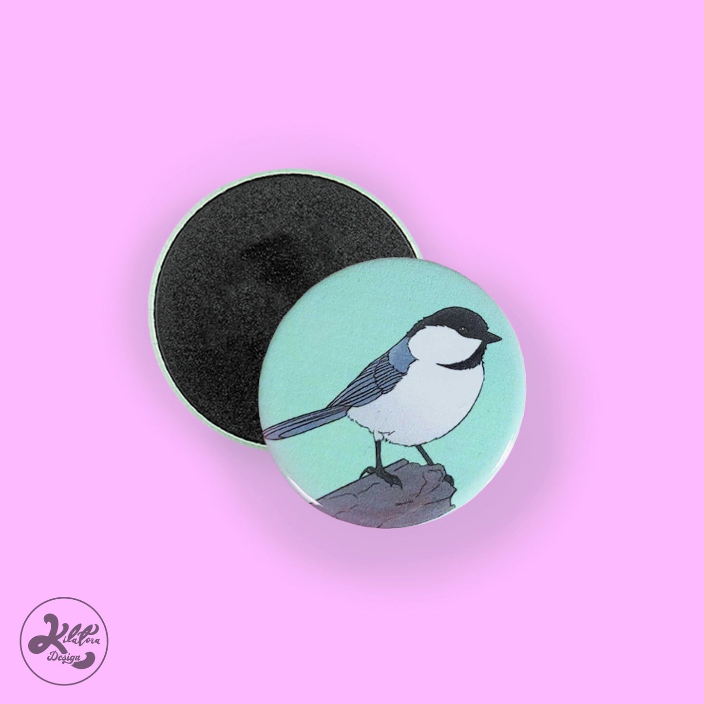 38mm magnet by Kilatora Design.  Light green pin with willow tit art.